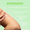 Hand applying lotion to a knee with text about the product's benefits on a green background