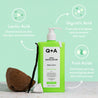 Q+A AHA Exfoliator body lotion with ingredients highlighted on a light green background