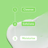 Step-by-step bodycare routine with 'Cleanse', 'Exfoliate', and 'Moisturise' on a green background.