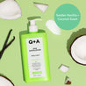 Q+A AHA Exfoliator body lotion bottle with vanilla and coconut elements on a green background