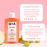 Q+A Collagen Firming Body Oil bottle with customer reviews on a pink background