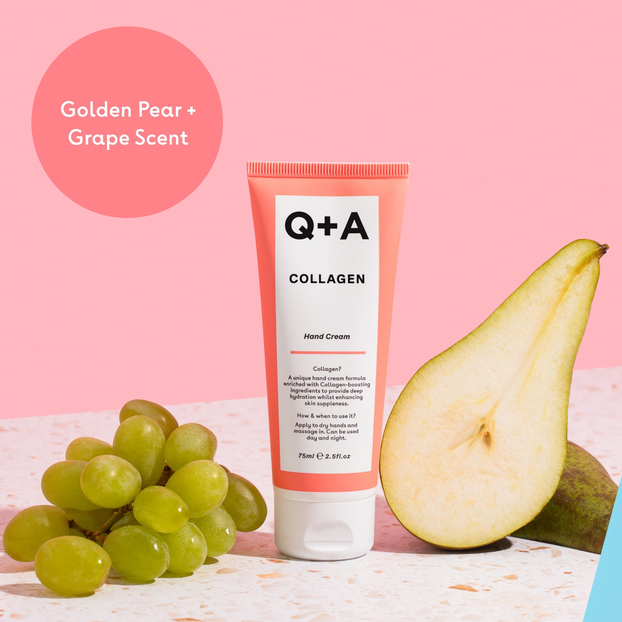 Q+A Collagen hand cream with grapes and a pear on a pink background