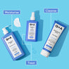 Q+A Salicylic Acid bodycare products on a blue background with labels for Moisturise, Cleanse, and Treat.