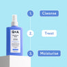 Q+A Salicylic Acid Clarifying Body Spray with bodycare steps on a blue background
