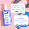 Q+A Salicylic Acid body spray bottle with customer reviews on a pink background