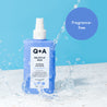 Q+A Salicylic Acid Clarifying Body Spray with water droplets on a blue and white background
