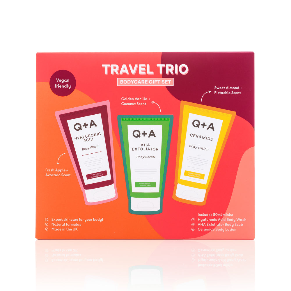 Q+A Travel Trio Bodycare Gift Set Front of Box