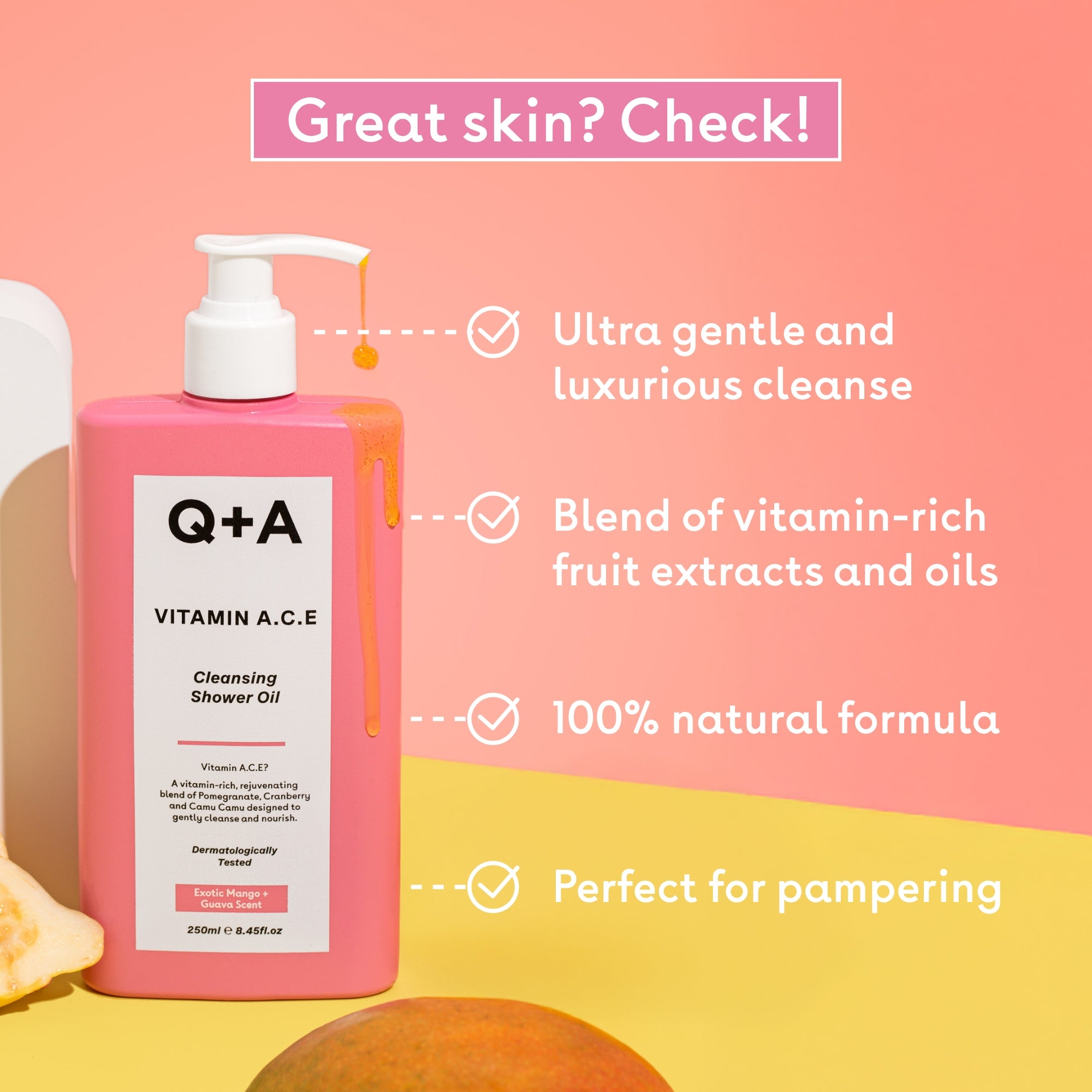 Vitamin A.C.E Cleansing Shower Oil — Q+A | زيت استحمام منظف ومغذٍ بمجموعة فيتامينات A, C, E