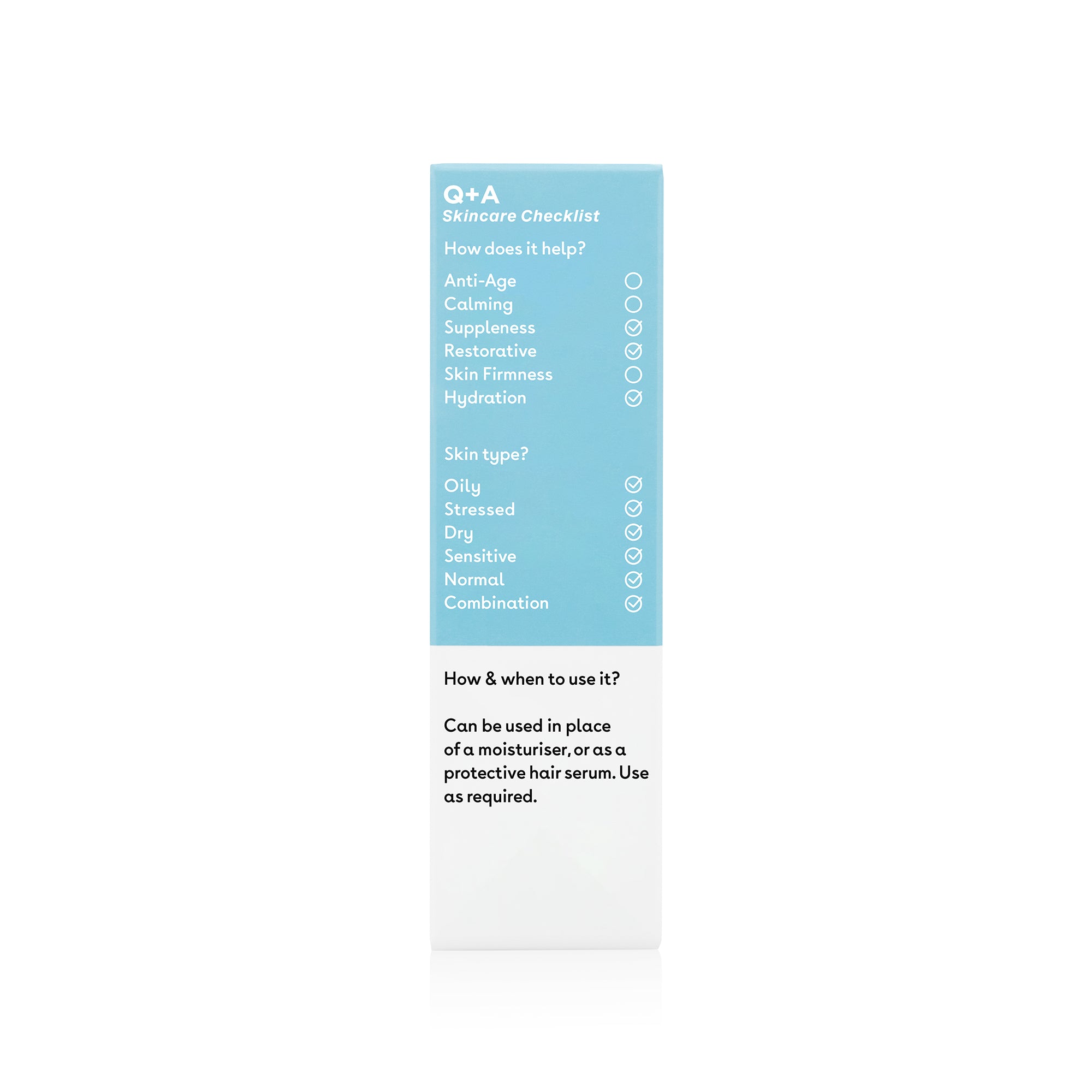 Q+A Squalane Facial Oil on pack checklist